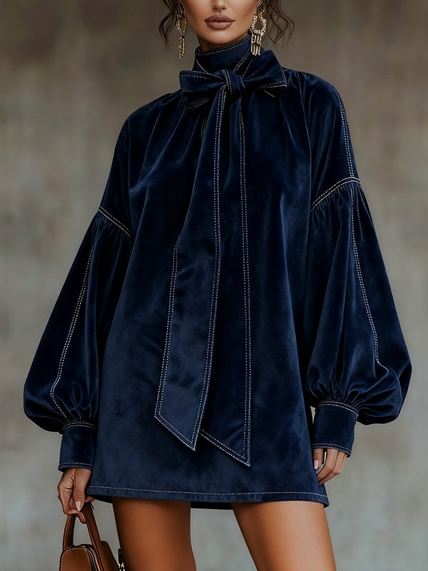 ELAINE | DARK BLUE VELVET MINI DRESS WITH BOW AND LANTERN SLEEVES Marlow York ELAINE | DARK BLUE VELVET MINI DRESS WITH BOW AND LANTERN SLEEVES Marlow York