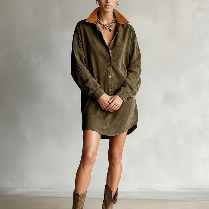 CHLOELAIN | SOLID COLOR COLLAR LONG SLEEVE MINI DRESS
