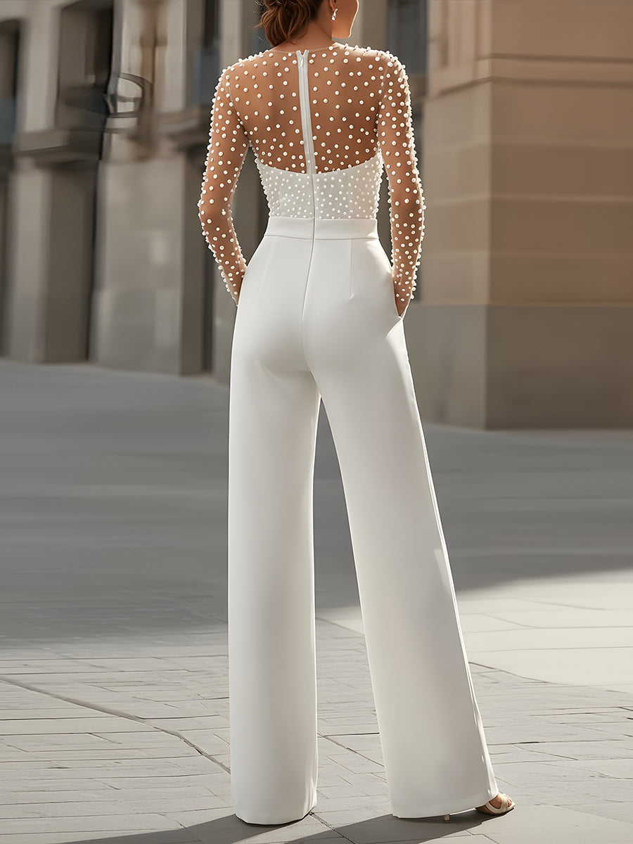 ARAMINTA | PEARL-EMBELLISHED WHITE JUMPSUIT