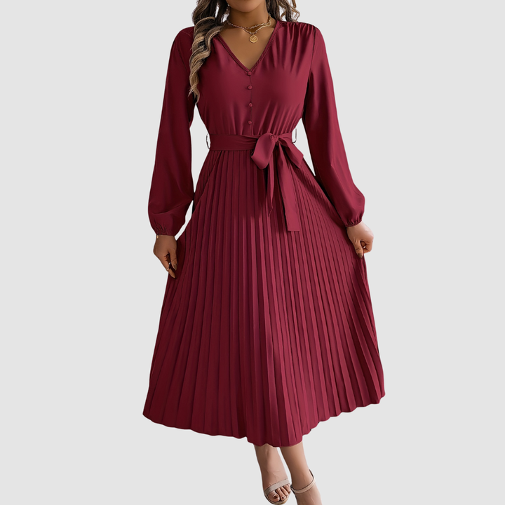 CELESTE BLOOM | PLEATED LONG-SLEEVE MIDI DRESS