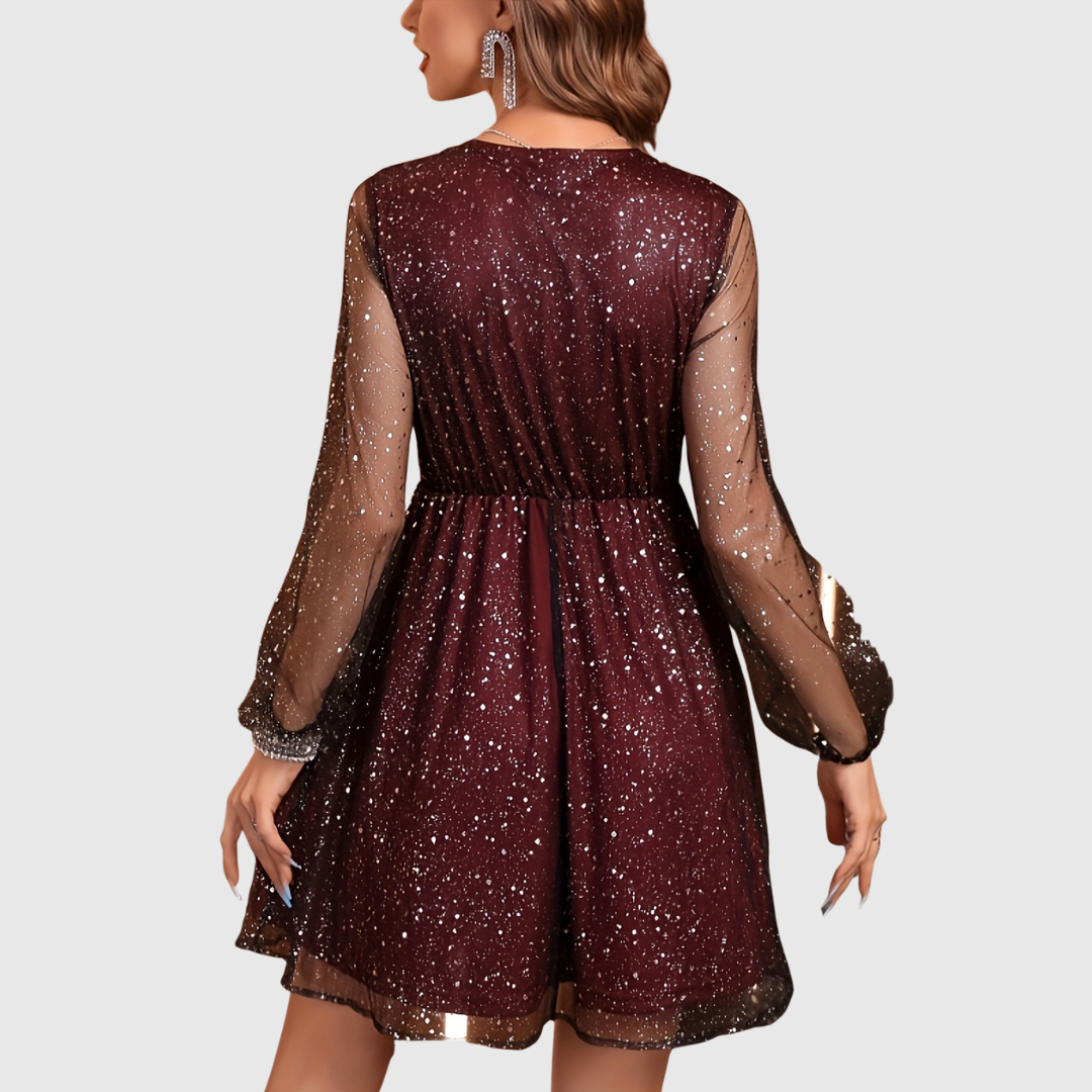 CHLOELINE | SEQUINED V-NECK LANTERN SLEEVE MESH DRESS