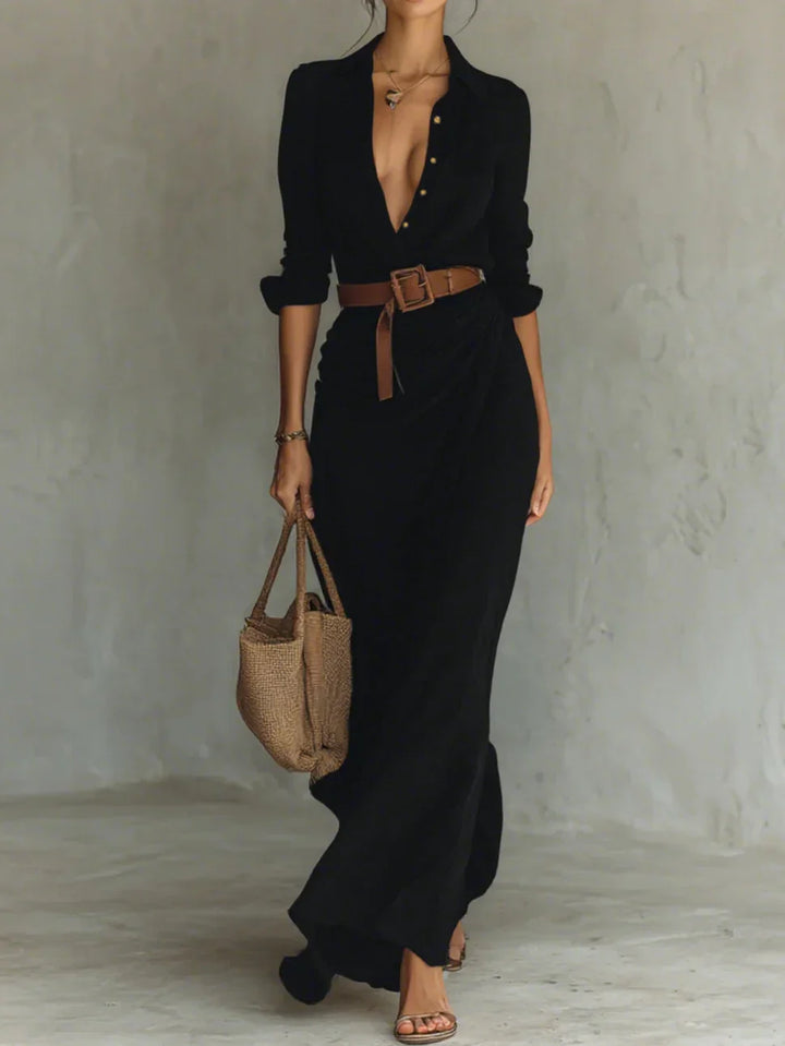 Ladies Lapel Long Sleeve Shirt Belted Maxi Dress