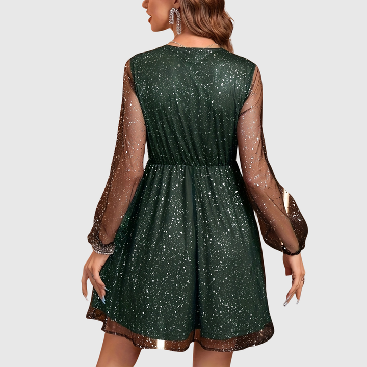 CHLOELINE | SEQUINED V-NECK LANTERN SLEEVE MESH DRESS