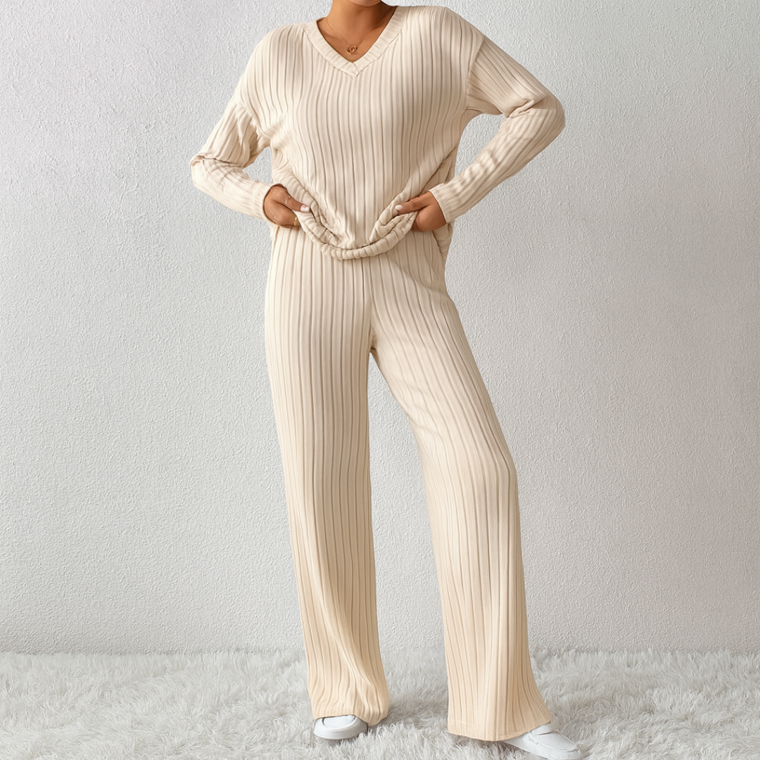 Marlow™ - Casual V-Neck Long Sleeve Top & Straight Leg Lounge Pants Set