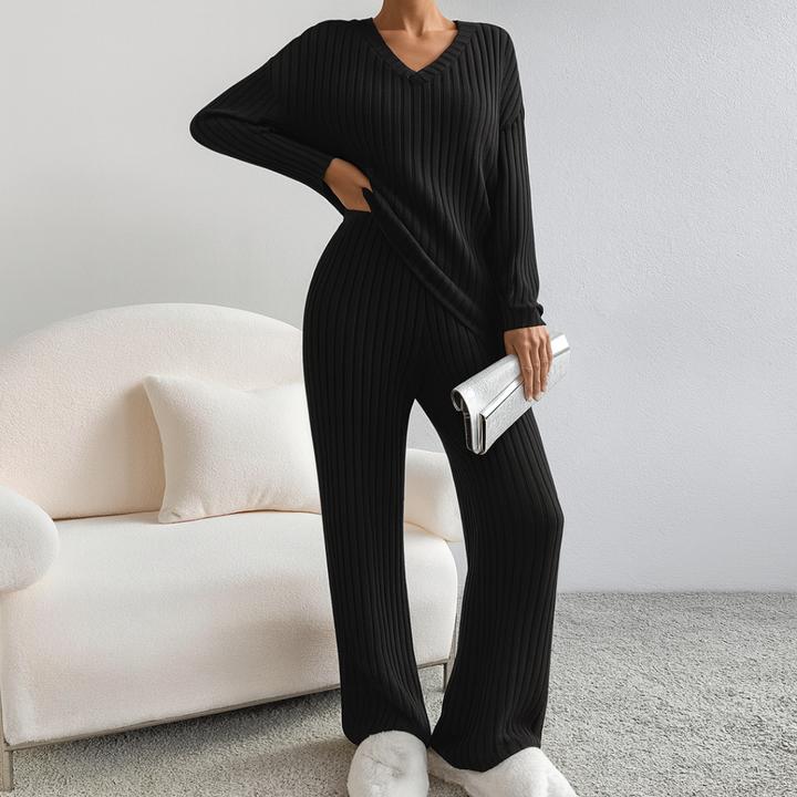 Marlow™ - Casual V-Neck Long Sleeve Top & Straight Leg Lounge Pants Set