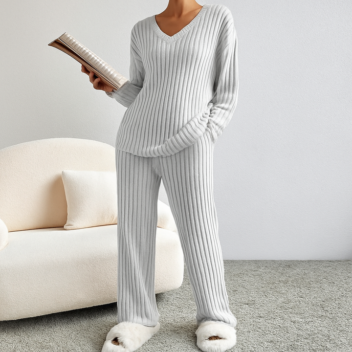 Marlow™ - Casual V-Neck Long Sleeve Top & Straight Leg Lounge Pants Set