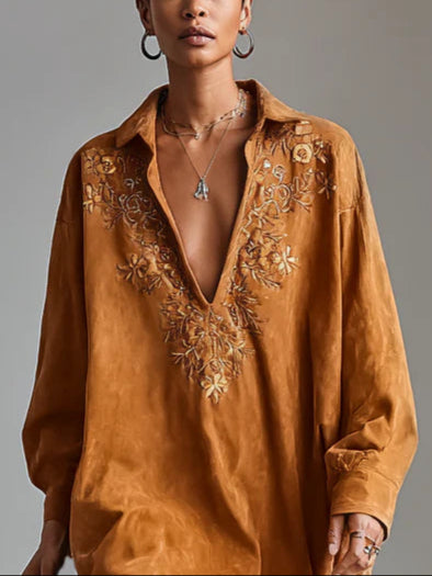 SYBIL LOOSE LAPEL V-NECK PRINTED LONG-SLEEVED MIDI DRESS
