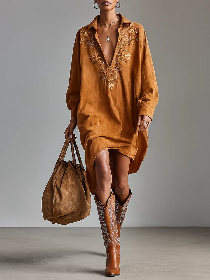 SYBIL LOOSE LAPEL V-NECK PRINTED LONG-SLEEVED MIDI DRESS