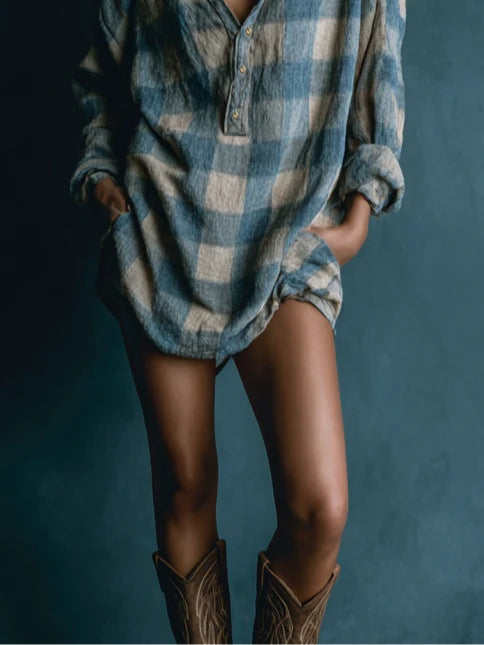 SELENIE BLUE AND WHITE LOOSE PLAID HENLEY NECK LONG SLEEVE MINI DRESS