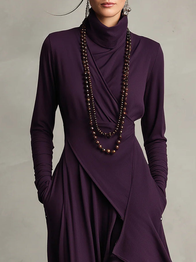 Purple High-neck Asymmetrical Pleated Maxi Dress（Necklace not included）