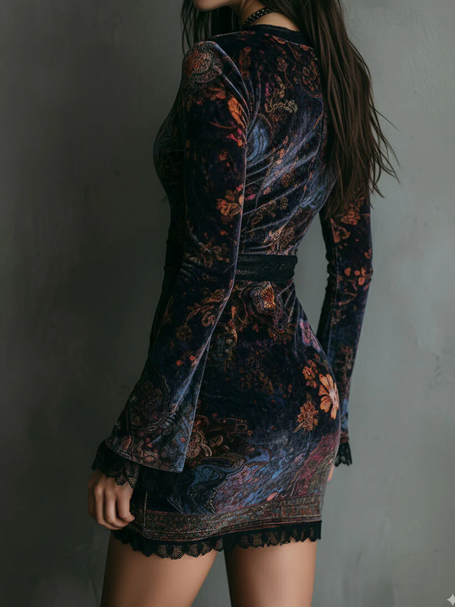 SARAH | FLORAL PRINT MINI DRESS WITH V-NECK, VELVET LACE TRIM, AND SLIM FIT