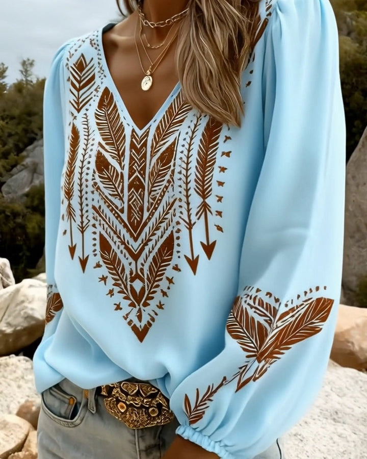 Puff Sleeve V-Neck Blouse Loose Fit