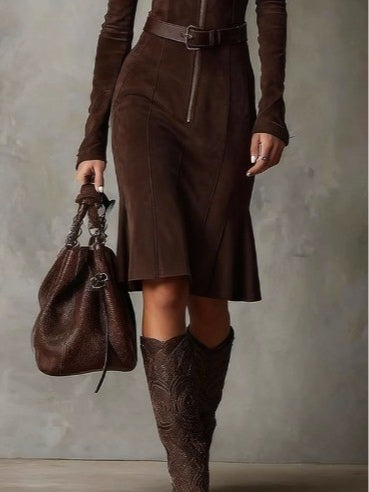 ROWENO BROWN VINTAGE ZIPPER BELTED MIDI DRESS (INCLUDES BELT)