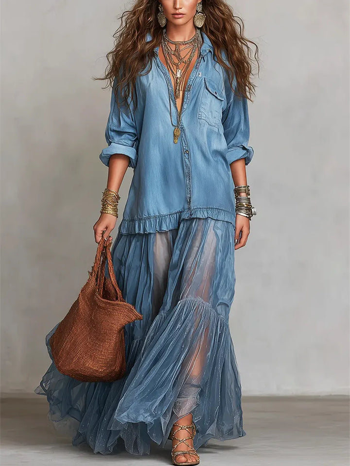 Emmeline | The Denim Patchwork Maxi Dress