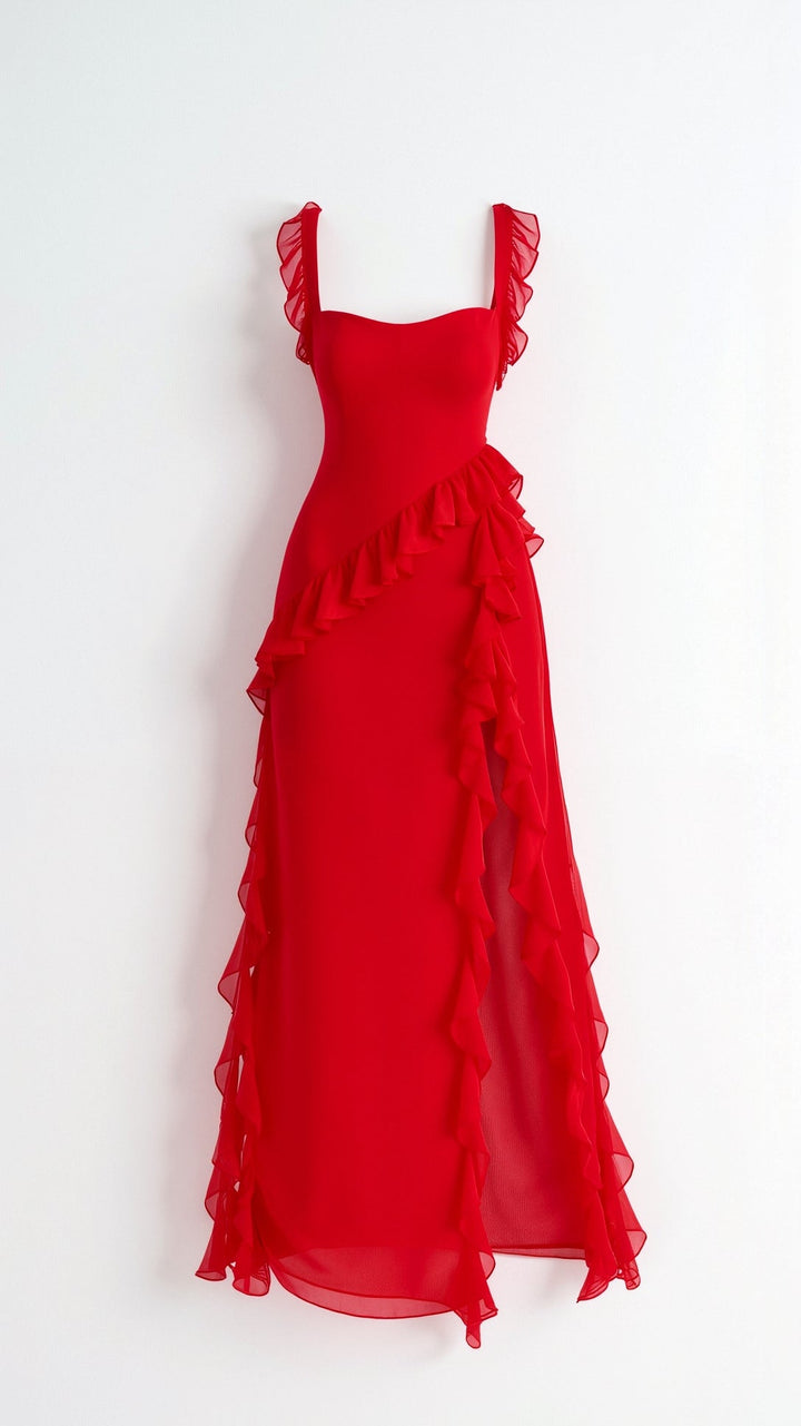 SOLANDRA | PROM DRESS WITH RUFFLE AND SLIT MAXI
